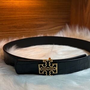 Tory Burch Croc-Embossed Black Belt with Gold Emblem